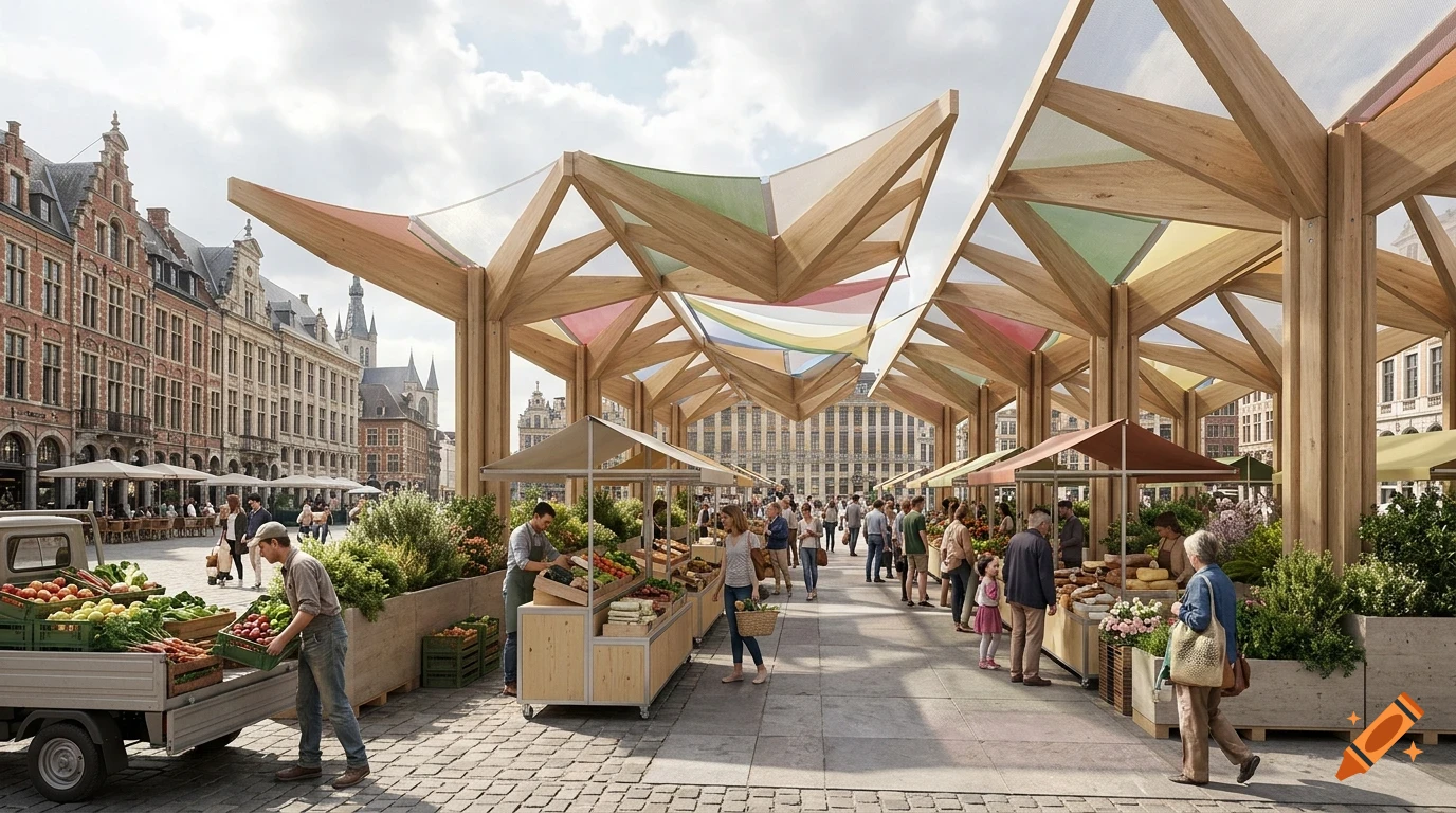 An outdoor market square with modern wooden canopies and people shopping at stalls.