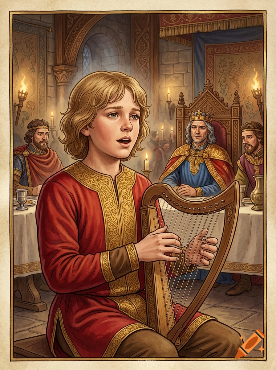 Medieval illustration of a young noble boy playing a harp and singing at a royal banquet, with a king and guests in the background.