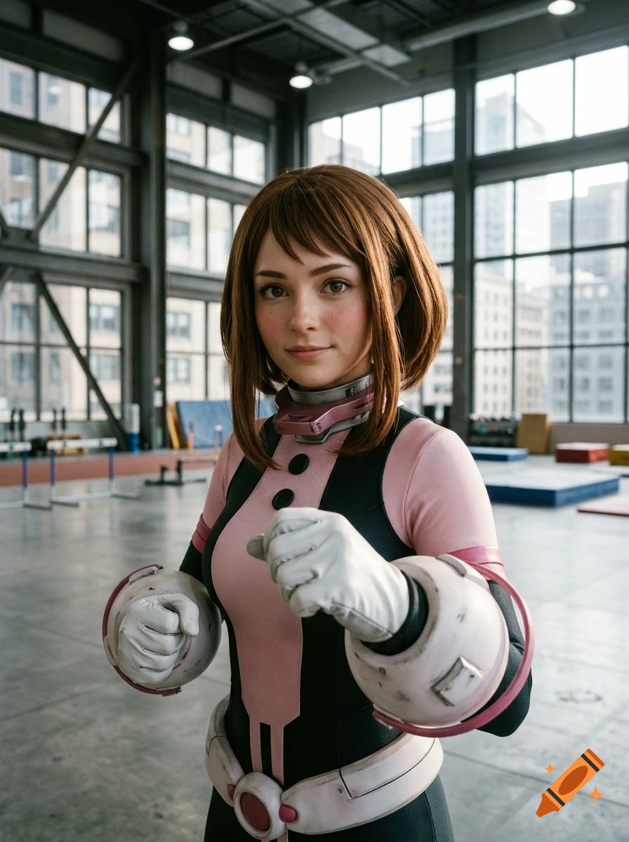 Photorealistic cosplay of Ochako Uraraka from My Hero Academia in a large industrial warehouse.