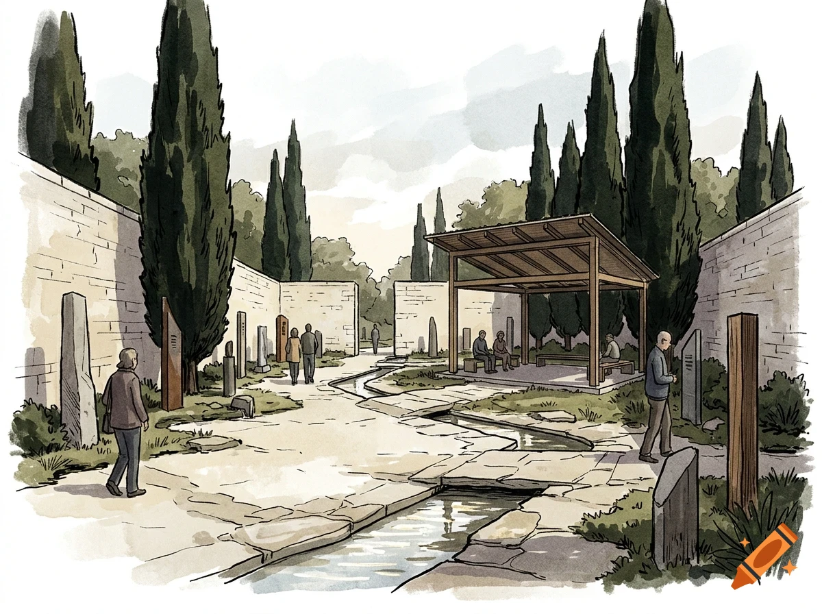 An ink and watercolor illustration of a tranquil memorial garden with stone paths, a shallow water channel, tall cypress trees, and visitors walking and sitting under a wooden shelter.