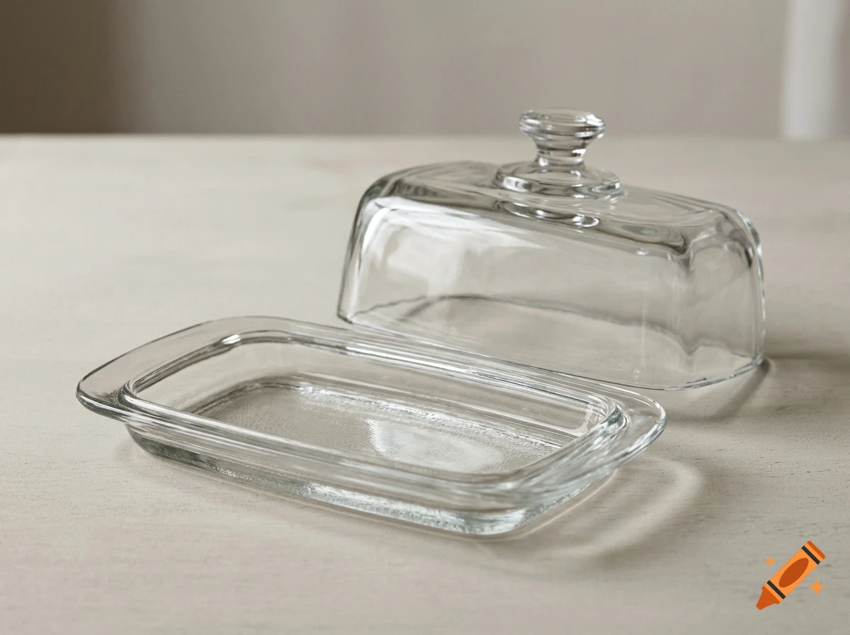 An empty glass butter dish with its lid removed, sitting on a light-colored wooden table.