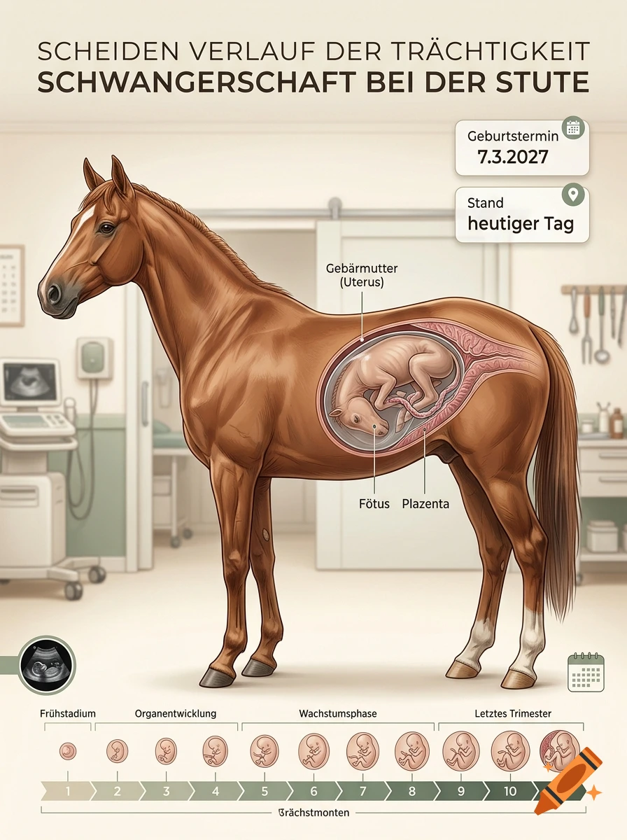 Educational veterinary illustration showing the stages of pregnancy in a mare with a visible fetus inside the uterus.
