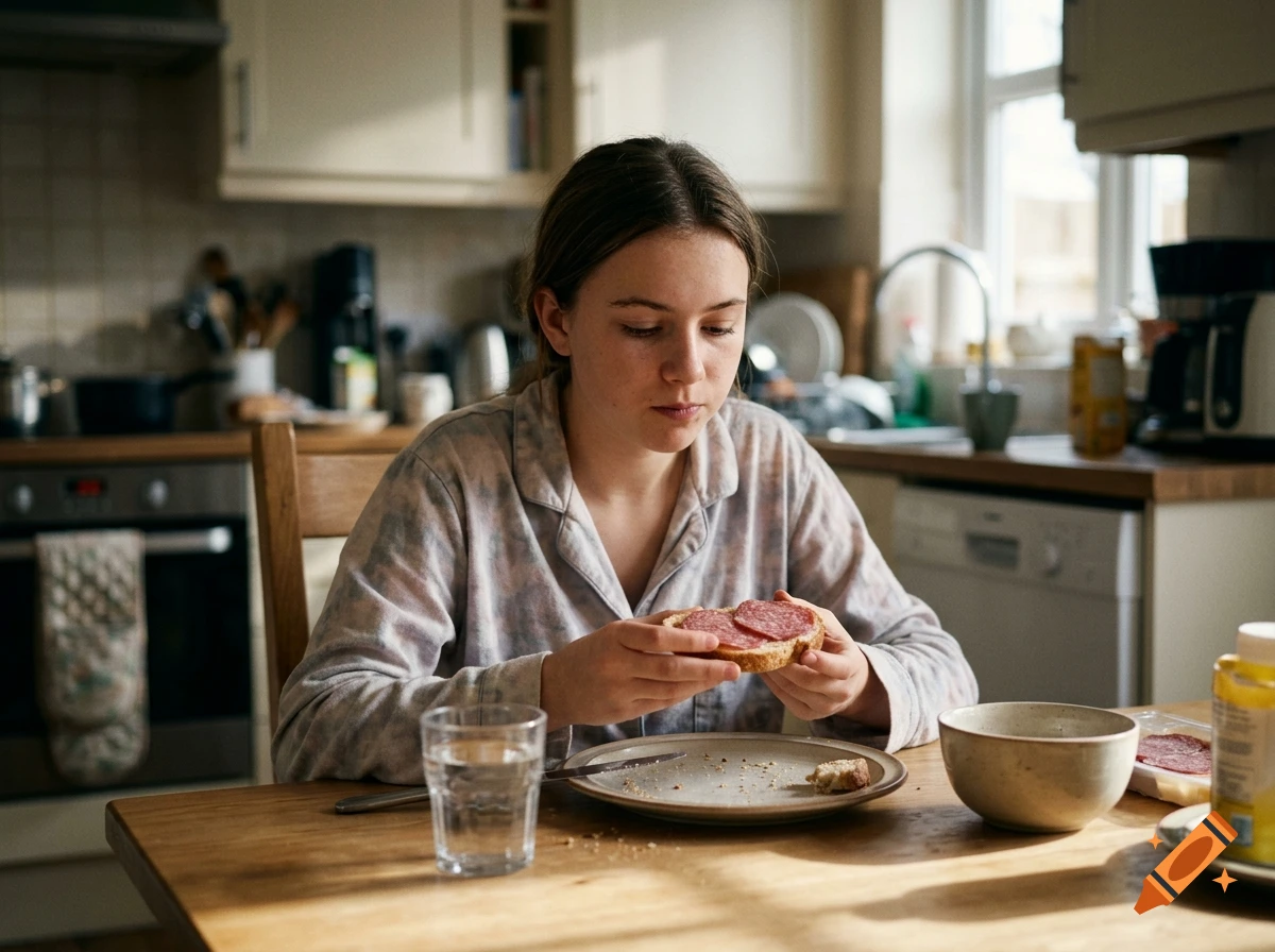 Photorealistic image of a young girl sitting at a wooden kitchen table eating a sandwich.