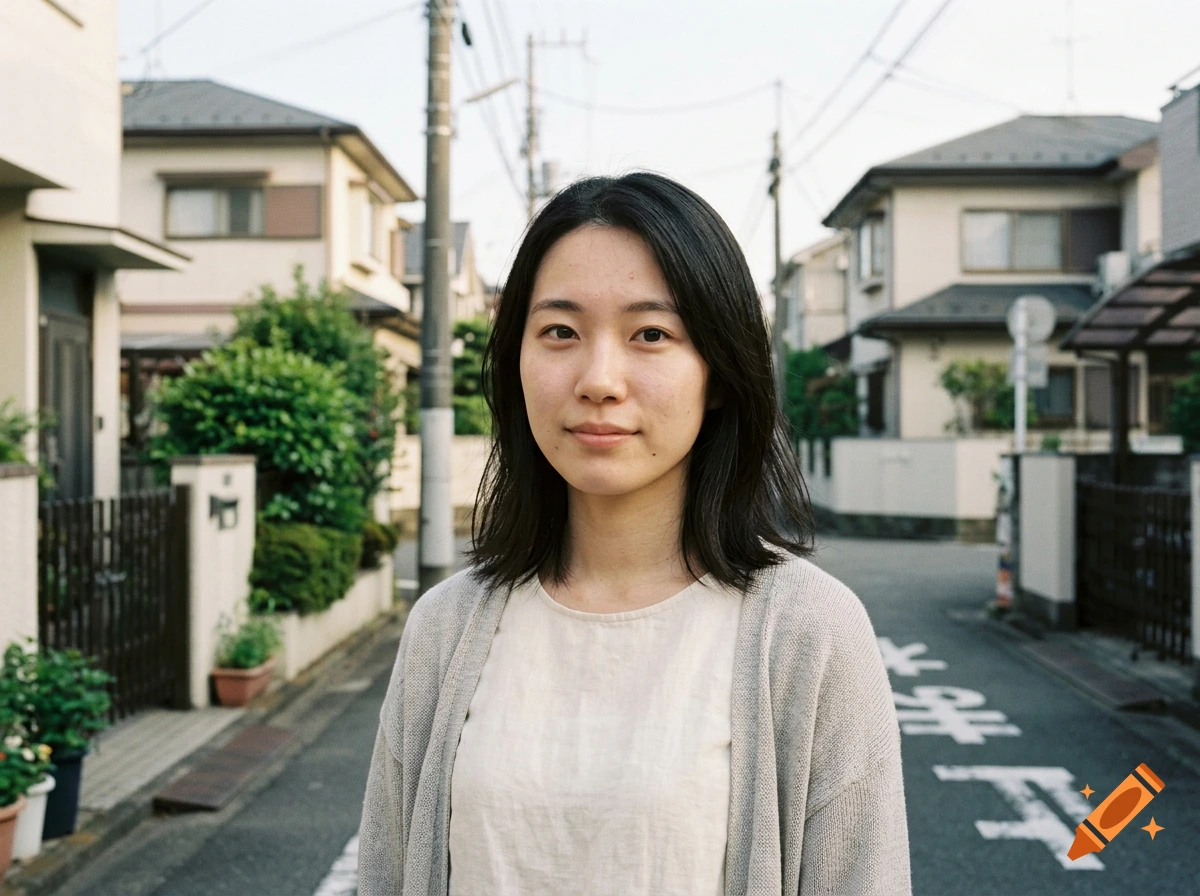 Photorealistic medium shot of a young Japanese woman standing on a narrow residential street.