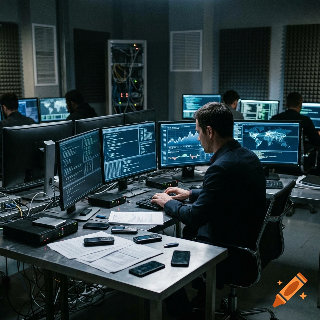 A man in a suit working at a computer in a server room filled with monitors displaying code and graphs.