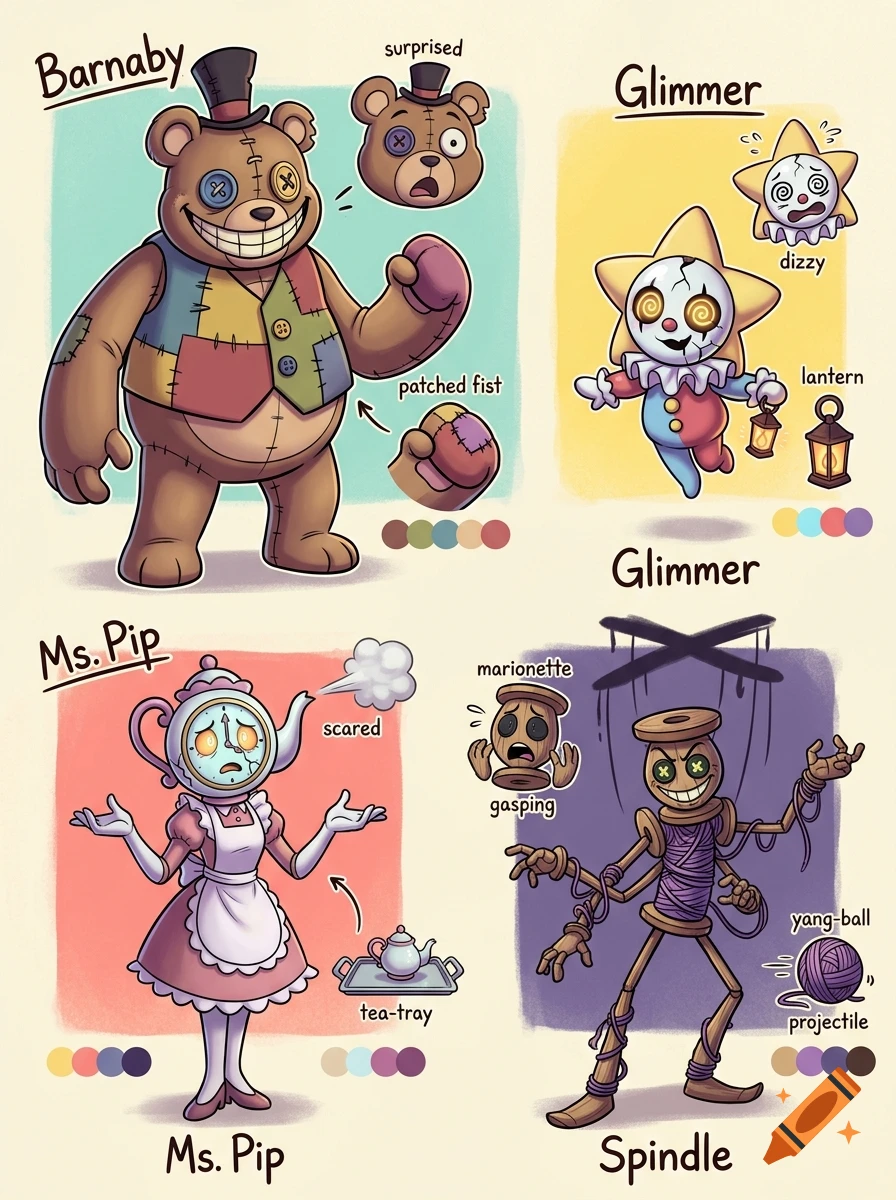 Character design sheet showing four cartoon plush and wooden toys named Barnaby, Glimmer, Ms. Pip, and Spindle in a playful illustration style.