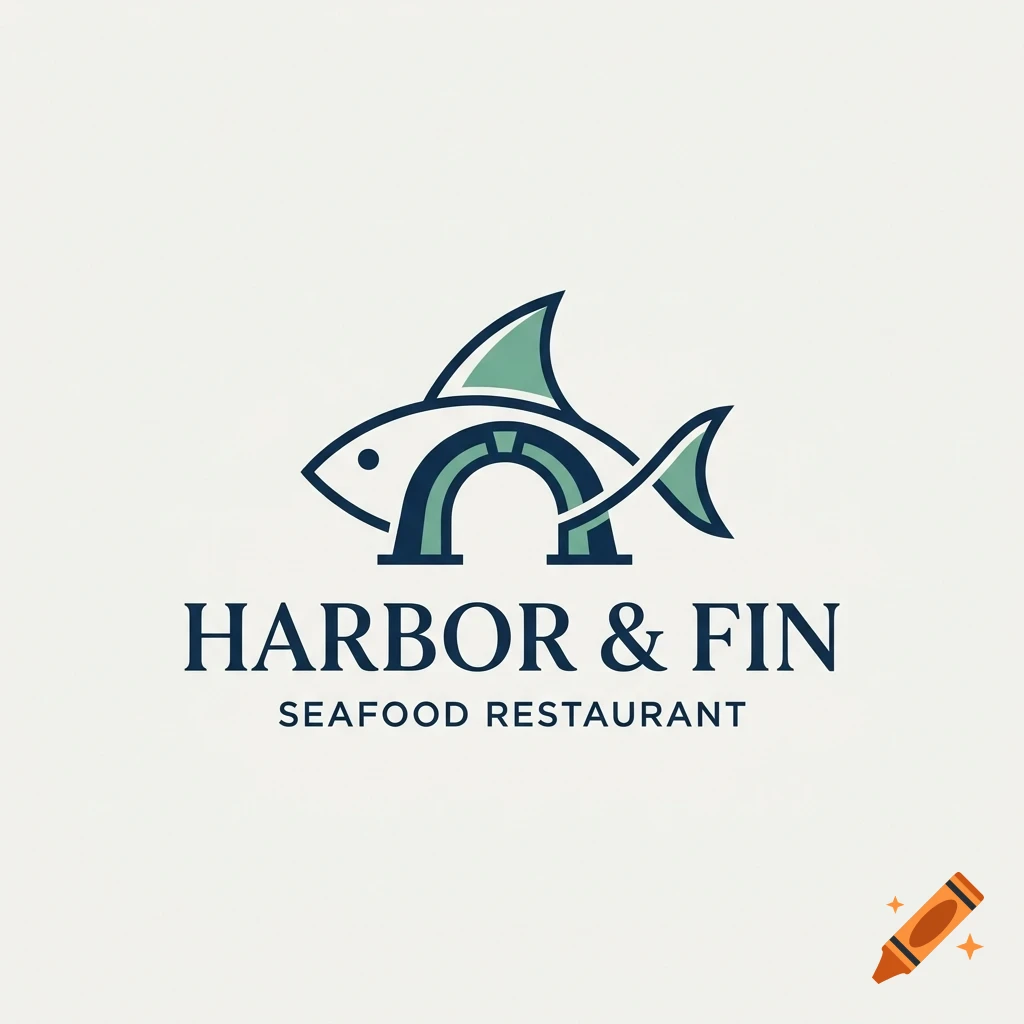 A logo for 'Harbor & Fin Seafood Restaurant' featuring a stylized fish icon.