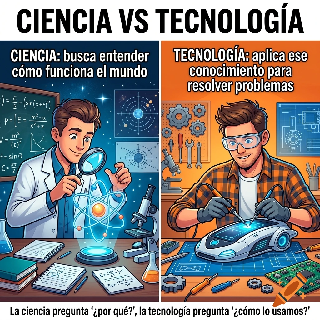 Comic-style educational infographic comparing science and technology with two illustrations of scientists in a lab.