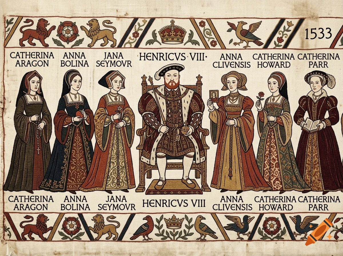 Tapestry style panel depicting King Henry VIII sitting on a throne flanked by his six named wives.