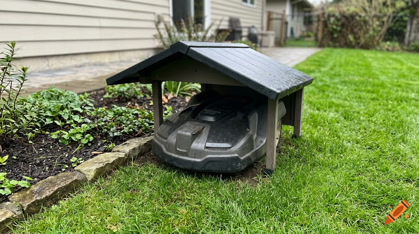 Photorealistic image of a robotic lawn mower parked under a small wooden shelter on a green lawn next to a garden bed.