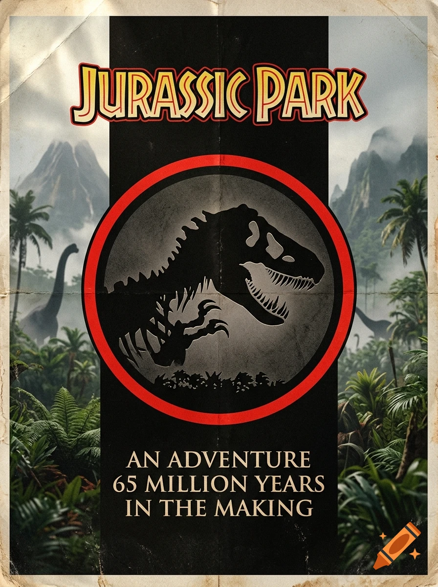 Vintage Jurassic Park movie poster with T-Rex skeleton logo and jungle background.