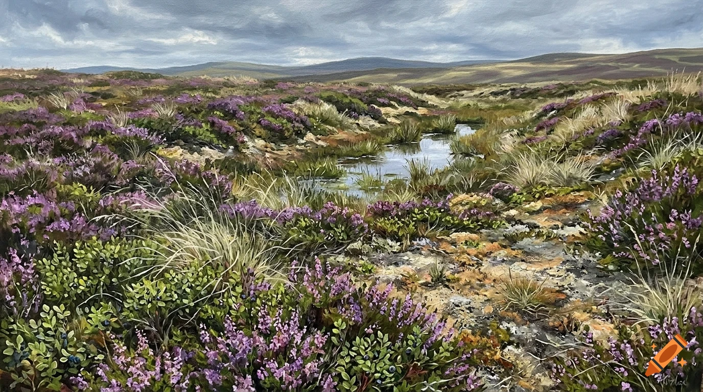 An oil painting of a Scottish highland landscape with purple heather, grassy terrain, a small stream, and distant hills under a cloudy sky.
