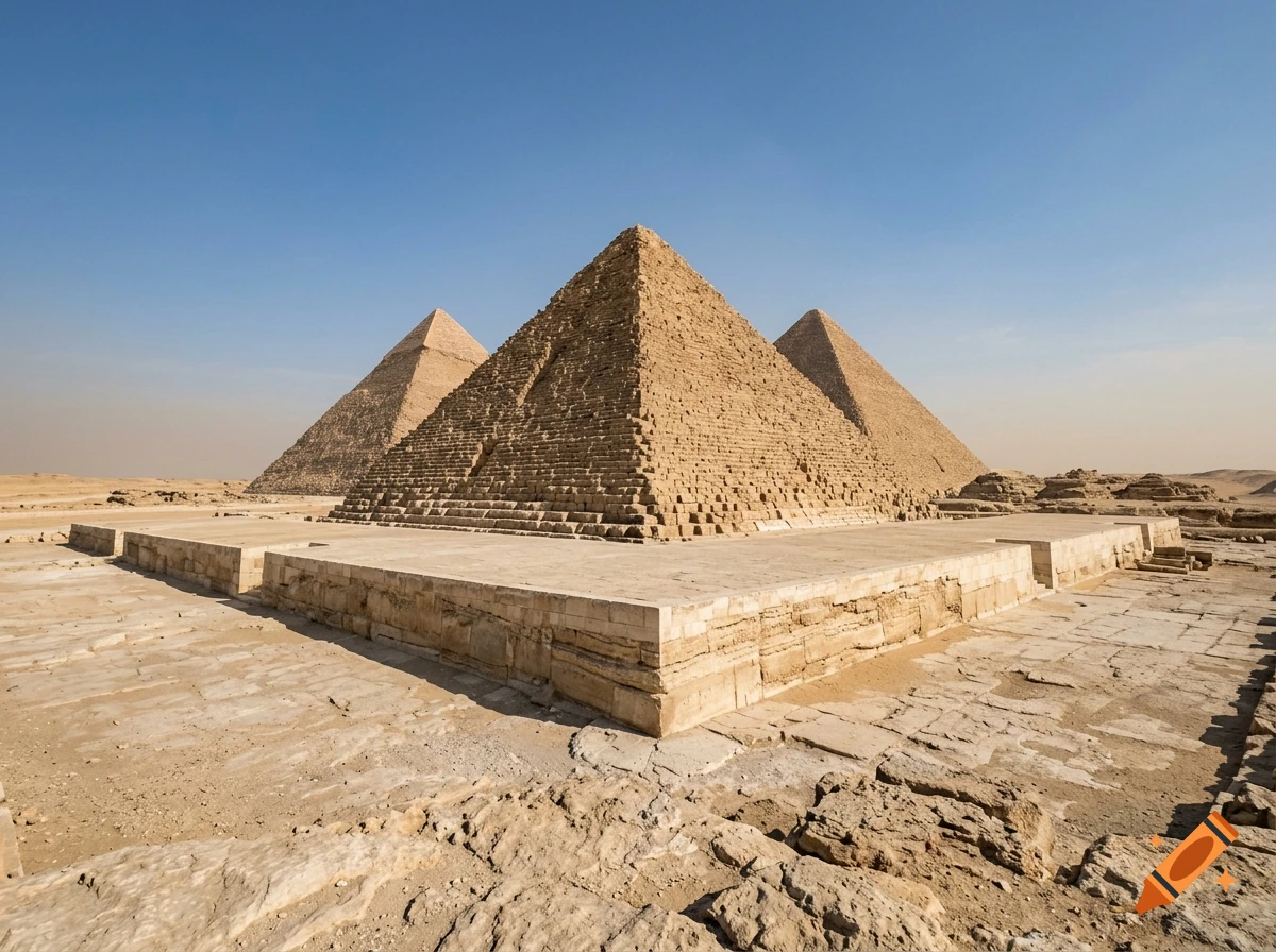 Photorealistic image of the Egyptian pyramids standing on large limestone plinths under a clear blue sky.