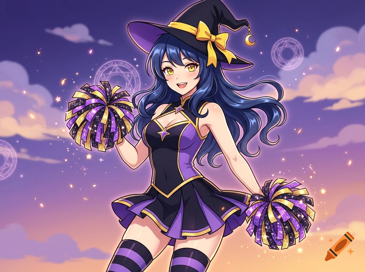 Anime illustration of a smiling girl with navy blue hair and yellow eyes, wearing a witch-themed cheerleader costume with pom-poms.