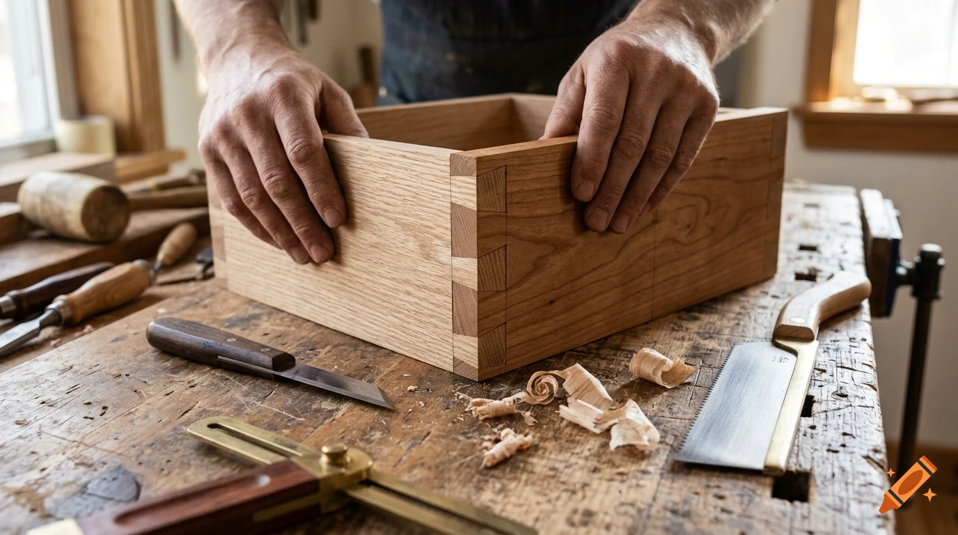A woodworker assembling a dovetail wooden box on a workbench surrounded by tools and wood shavings.