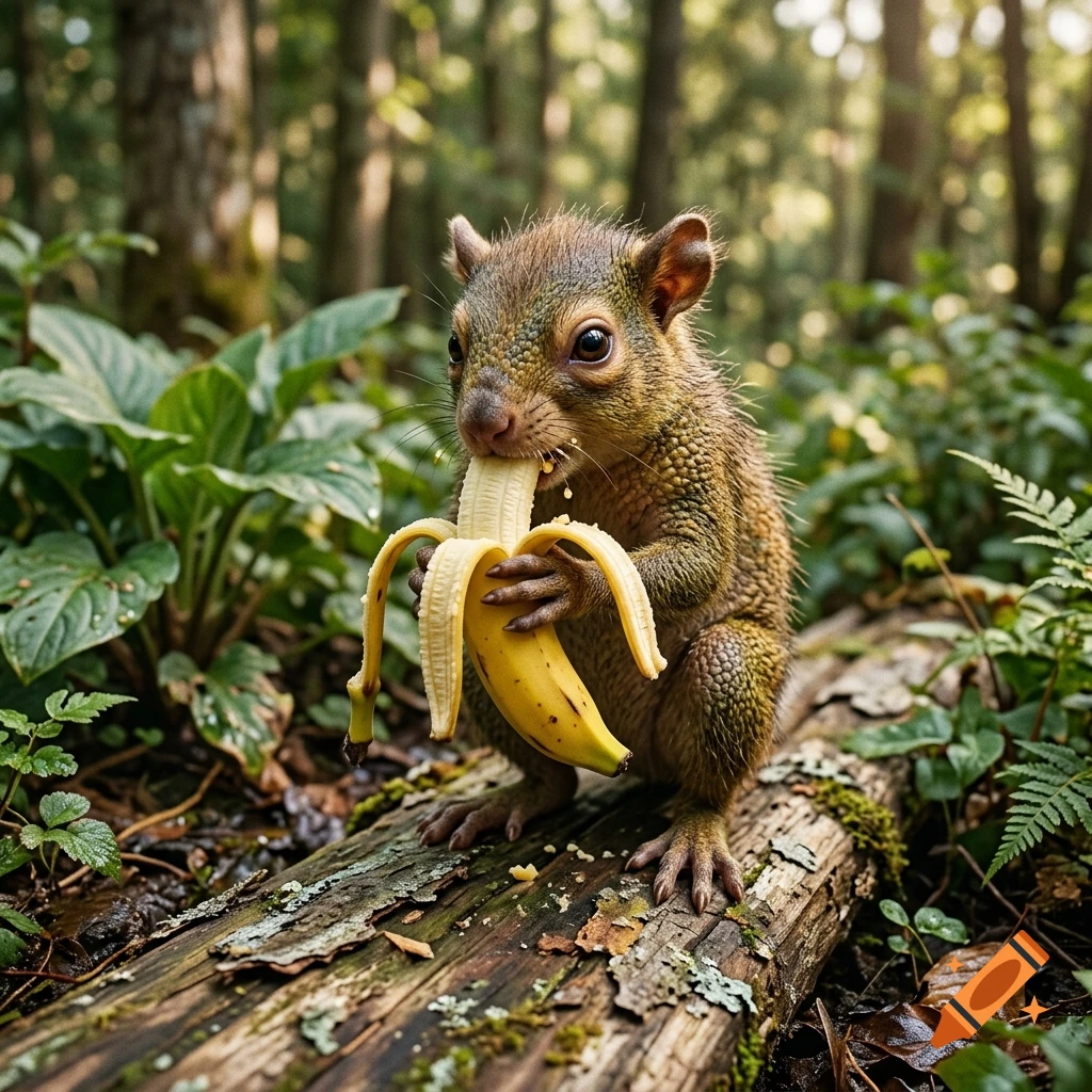 Photorealistic squirrel eating a banana in a forest.