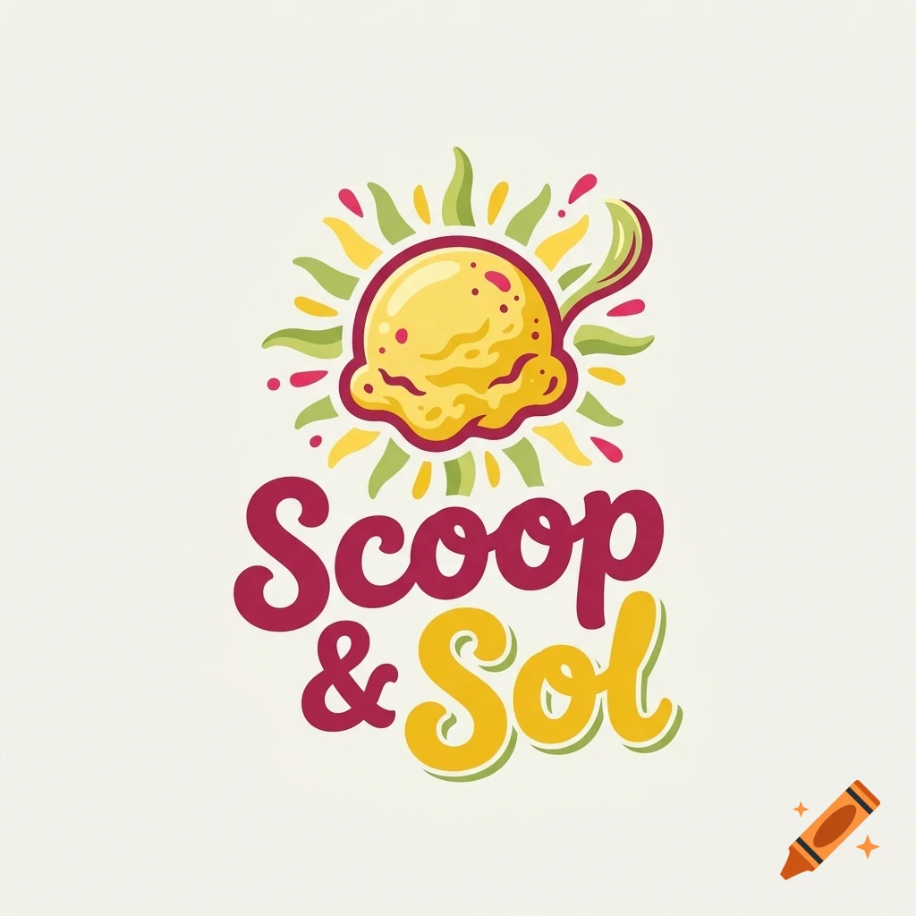 A stylized logo illustration of an ice cream scoop resembling a sun with the text Scoop & Sol.