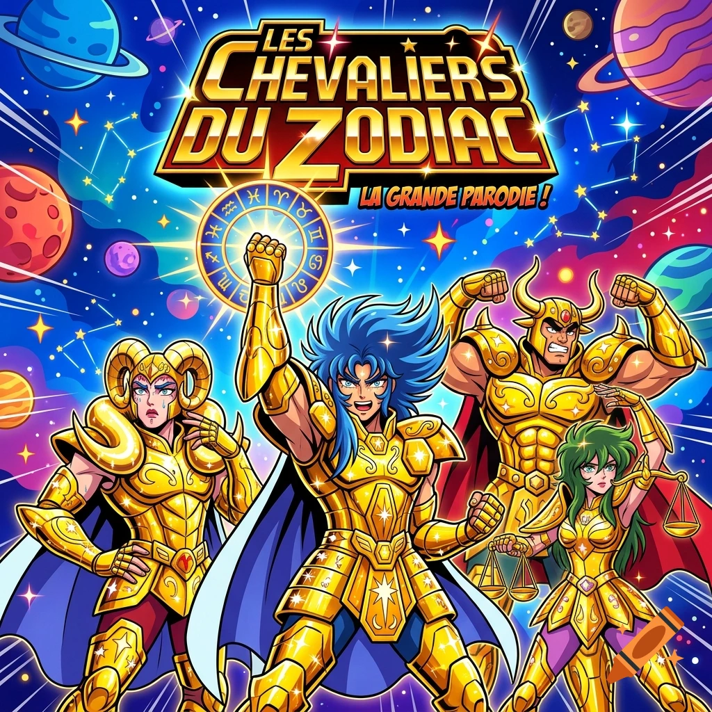 Anime style illustration of four Saint Seiya characters in golden armor against a cosmic background with planets and stars.