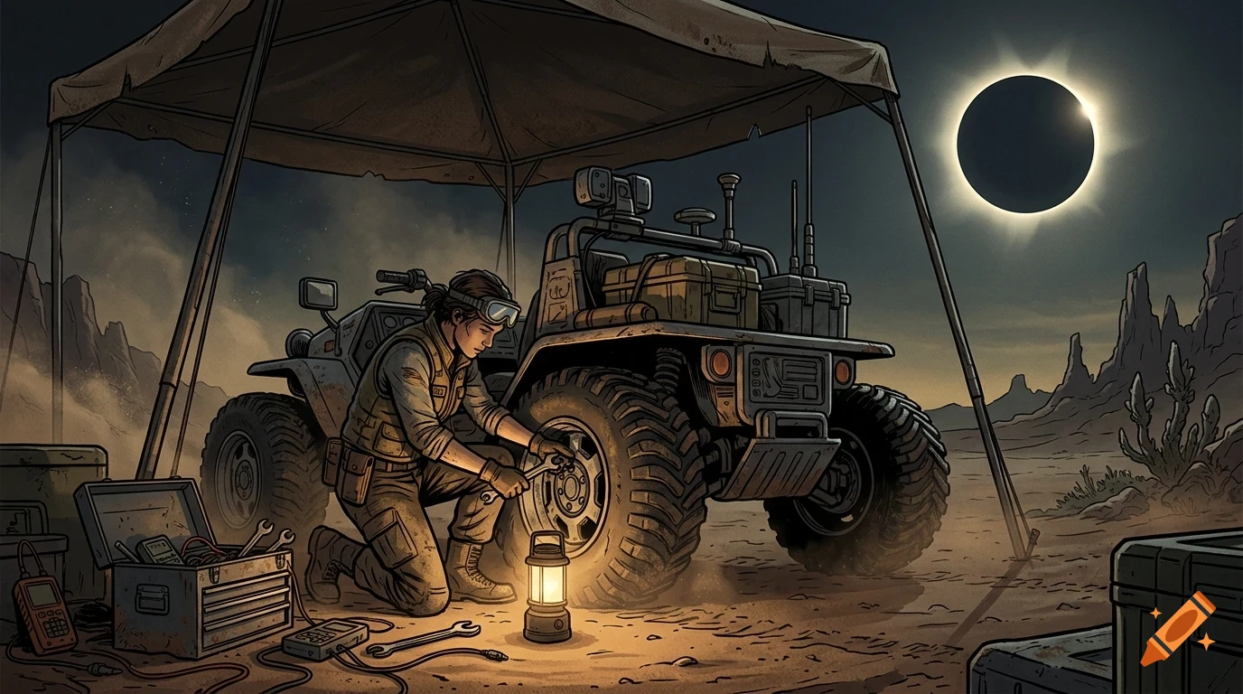 A person works on the tire of an off-road vehicle under a canopy in a desert landscape during a total solar eclipse.