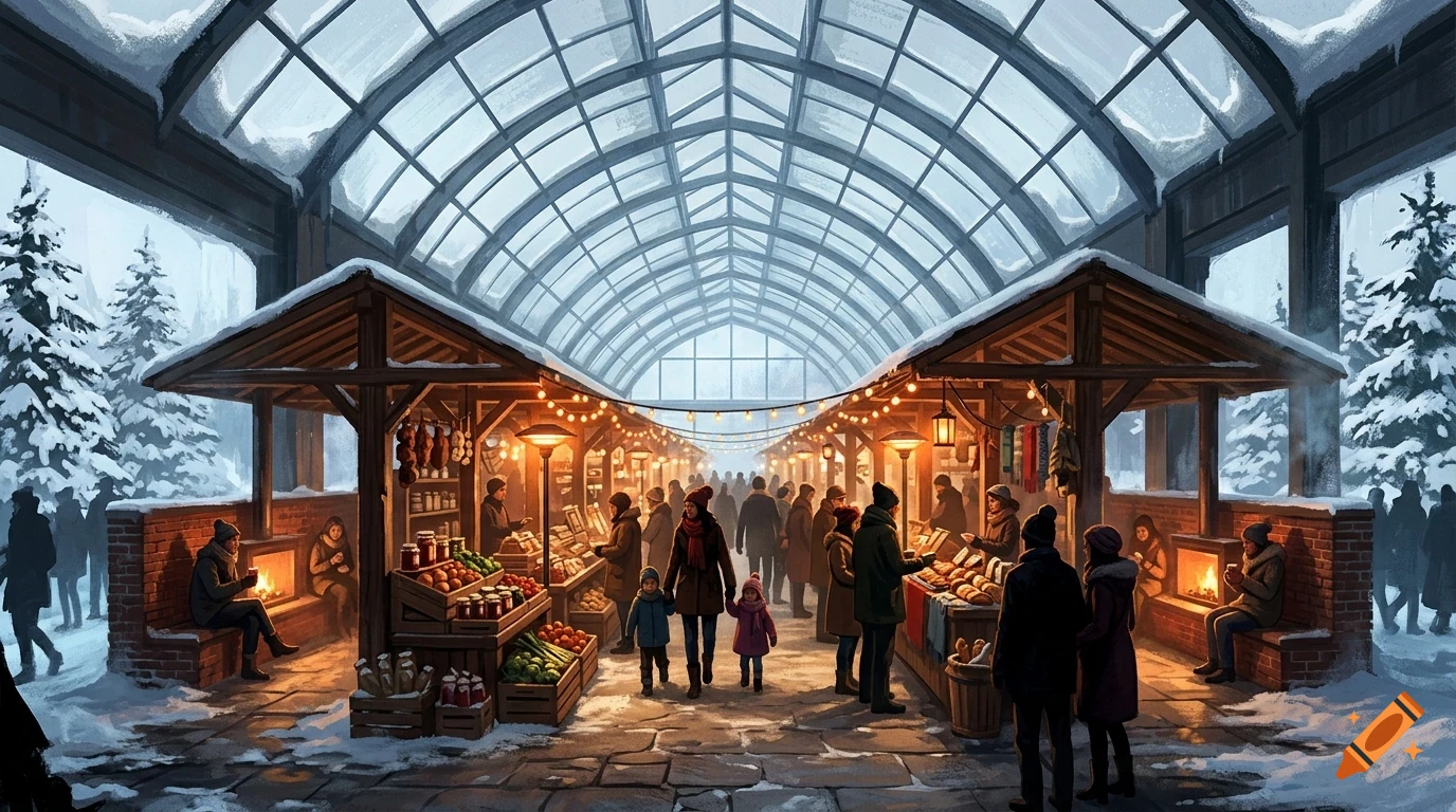 A bustling winter market inside a large glass-roofed pavilion, with wooden stalls selling goods and people walking in the snow.