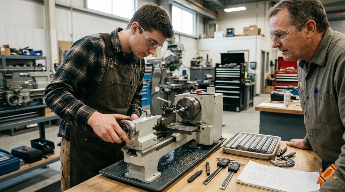 An older man and a younger man wearing safety glasses and work clothes working together in a machine shop.