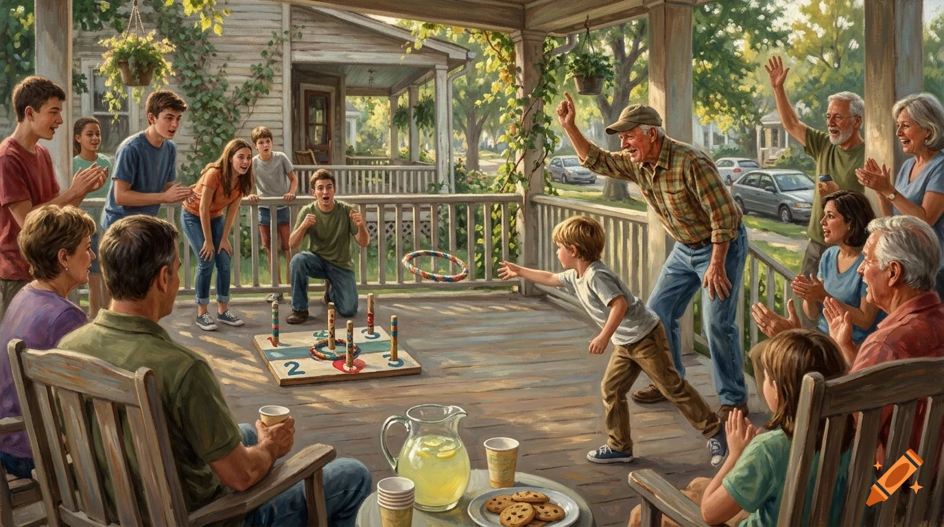 A multi-generational family gathered on a wooden porch, cheering as a young boy tosses a ring into a ring-toss game on the floor.