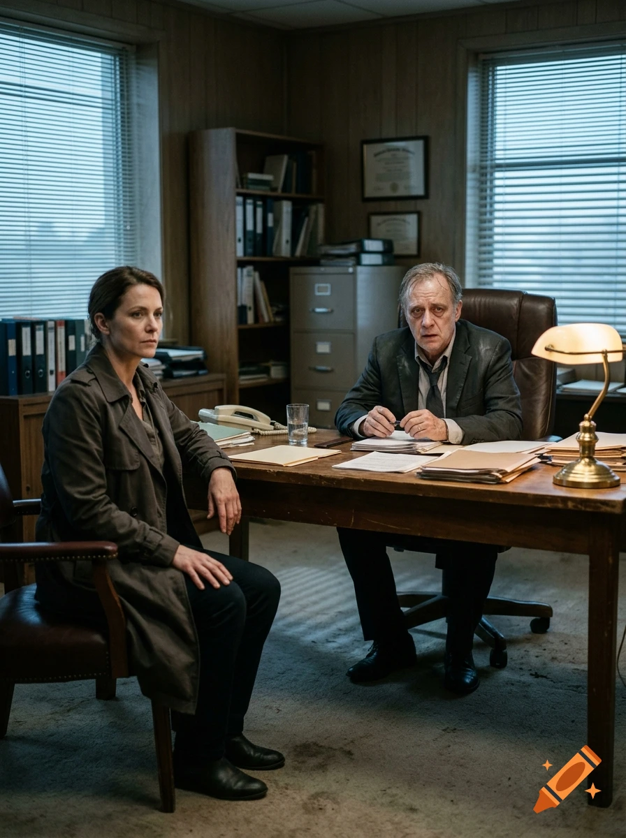 A woman sits across a desk from a frightened older man in an office, cinematic style.