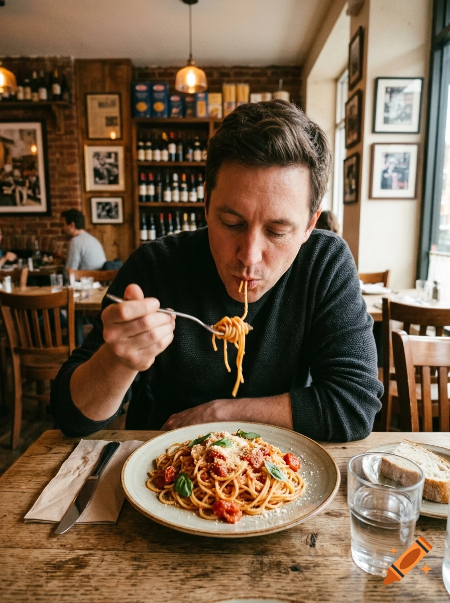 Photorealistic image of a man eating spaghetti with tomato sauce and basil in a cozy restaurant.