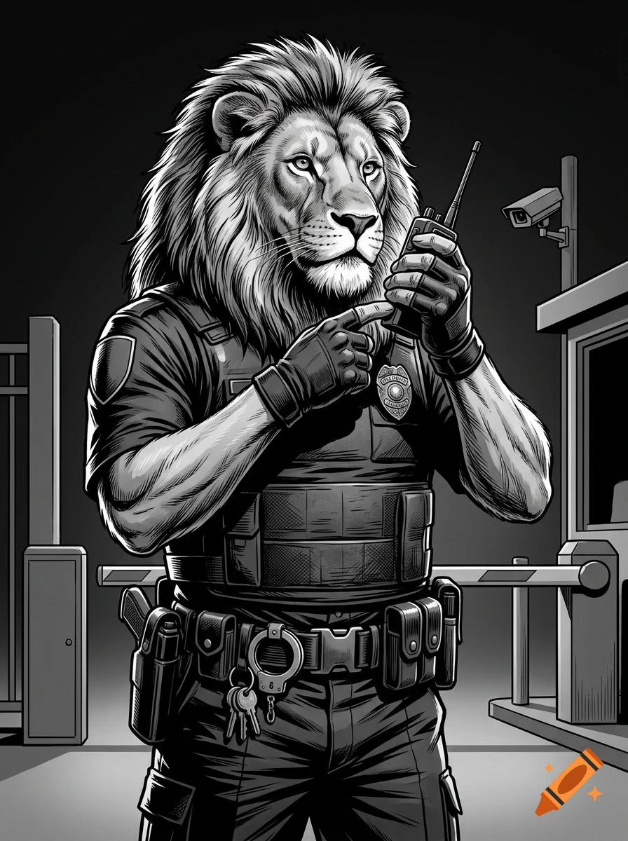 Black and white illustration of an anthropomorphic lion security guard in tactical vest holding a walkie-talkie.