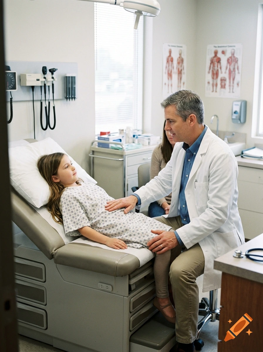 Photorealistic scene of a male doctor examining a young girl sitting on an examination table in a clinic.