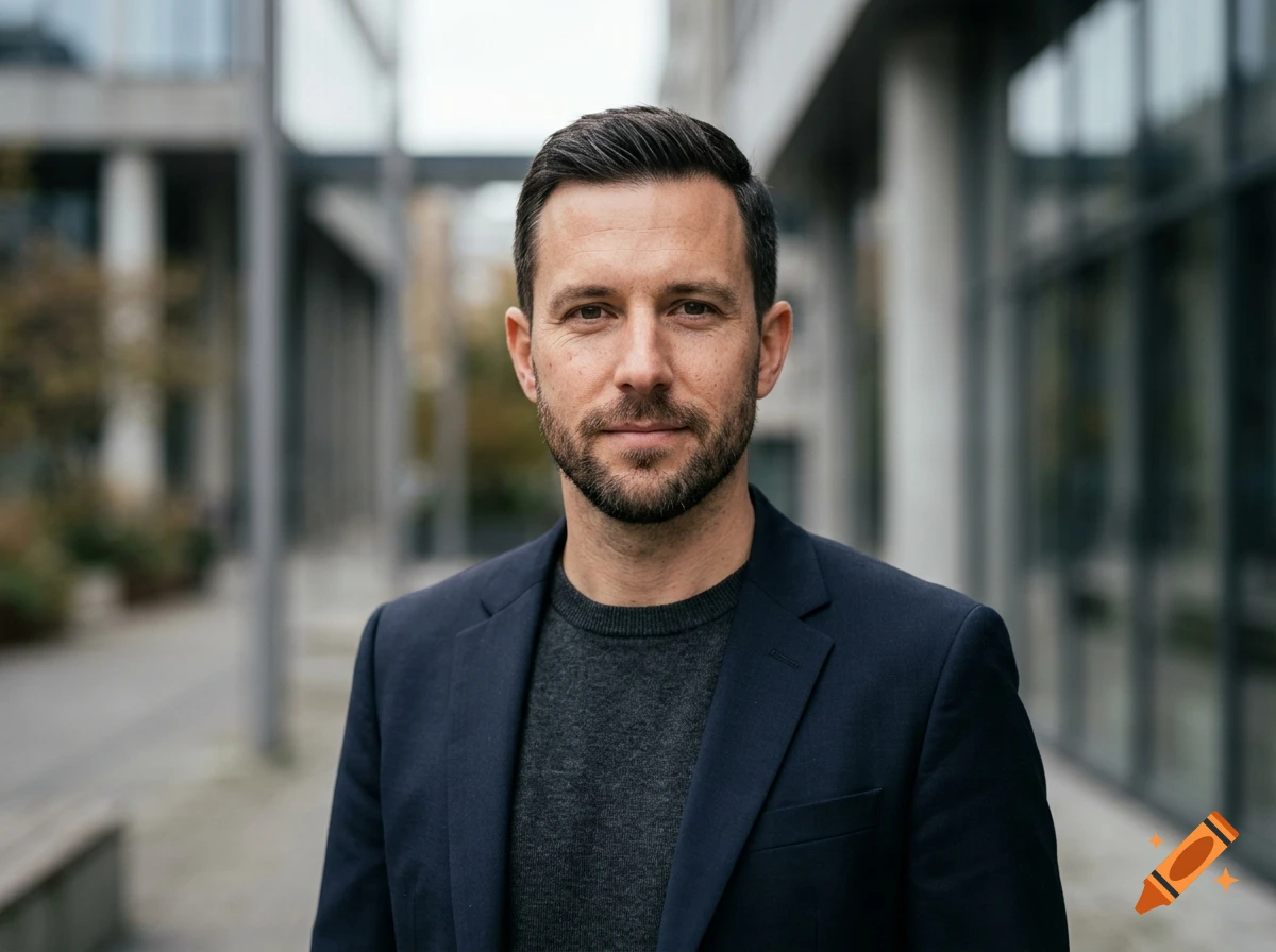 Photorealistic medium shot of a man with short dark hair and a beard, wearing a dark blazer and sweater, standing outside an office building.