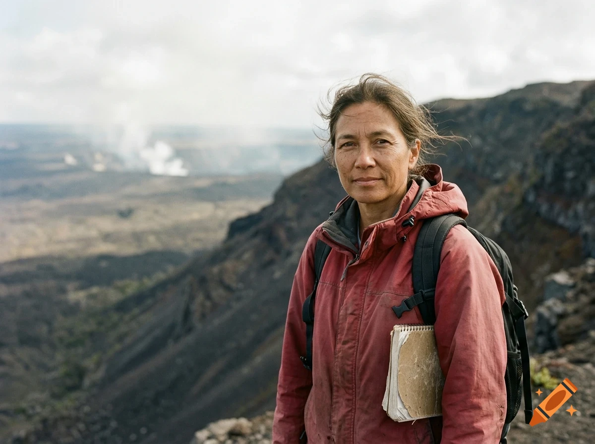 A woman outdoors with a backpack and a notepad in front of a volcanic landscape.