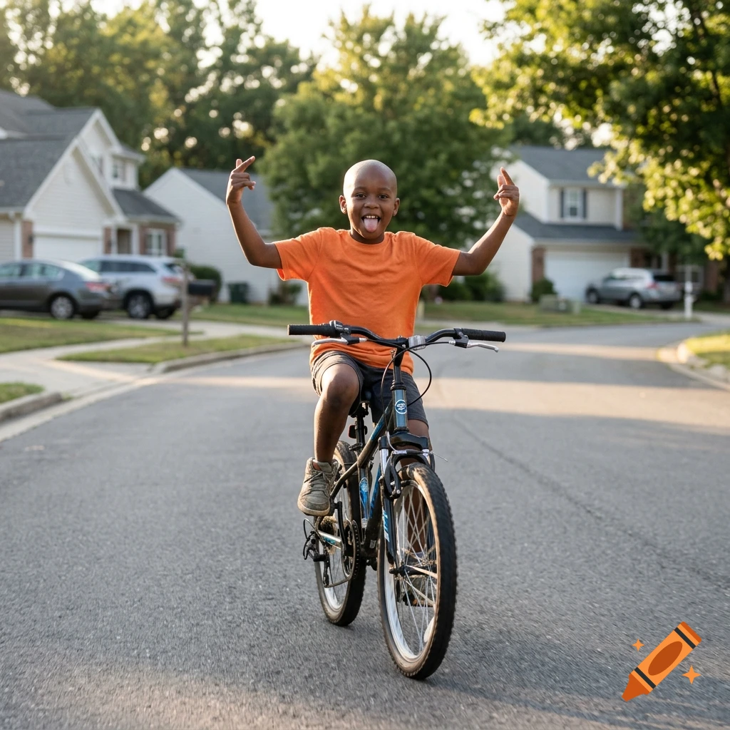 A young boy smiling with his tongue out and hands in the air while riding a bicycle down a suburban street, photorealistic.