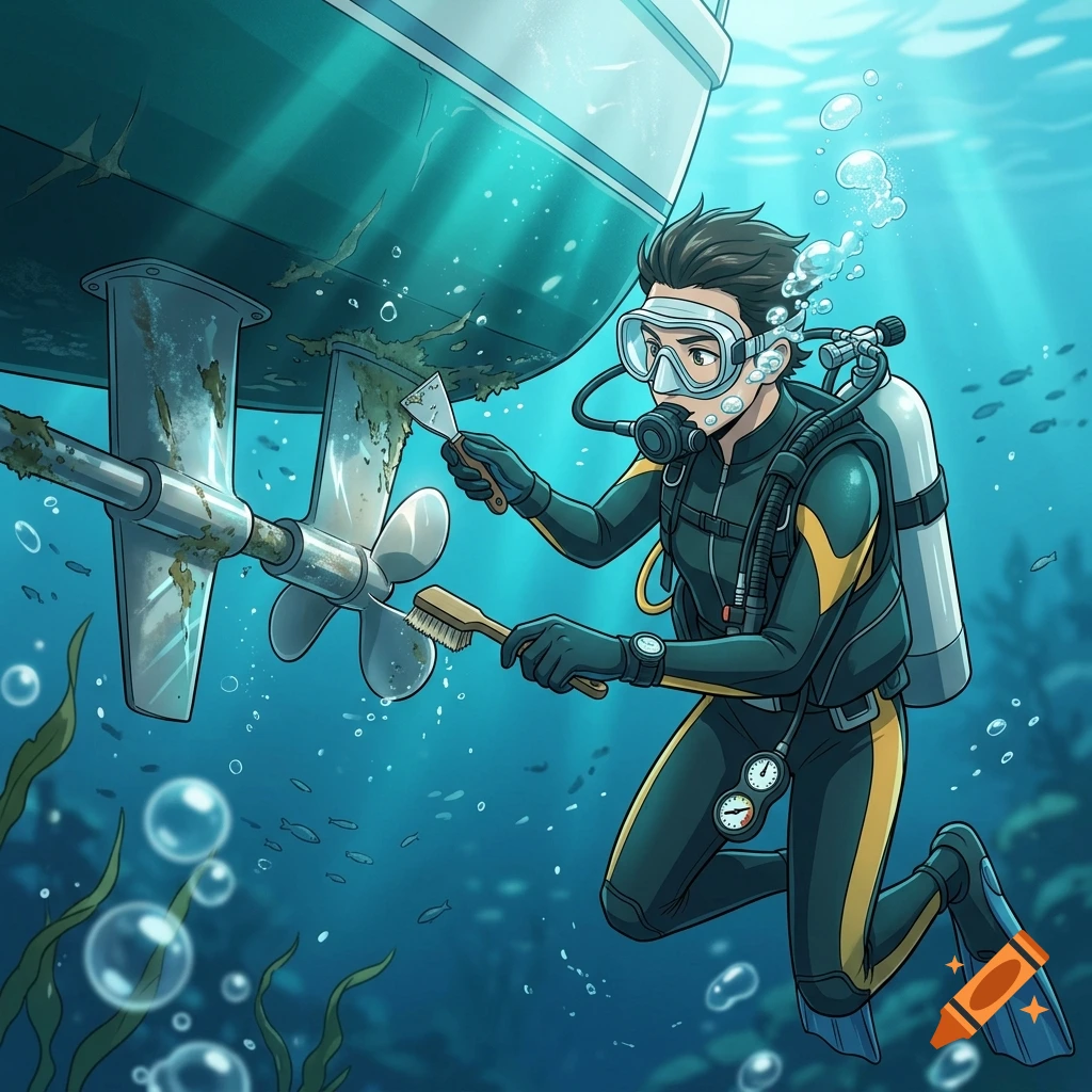 Anime style illustration of a scuba diver cleaning the propeller and shaft of a small yacht underwater.