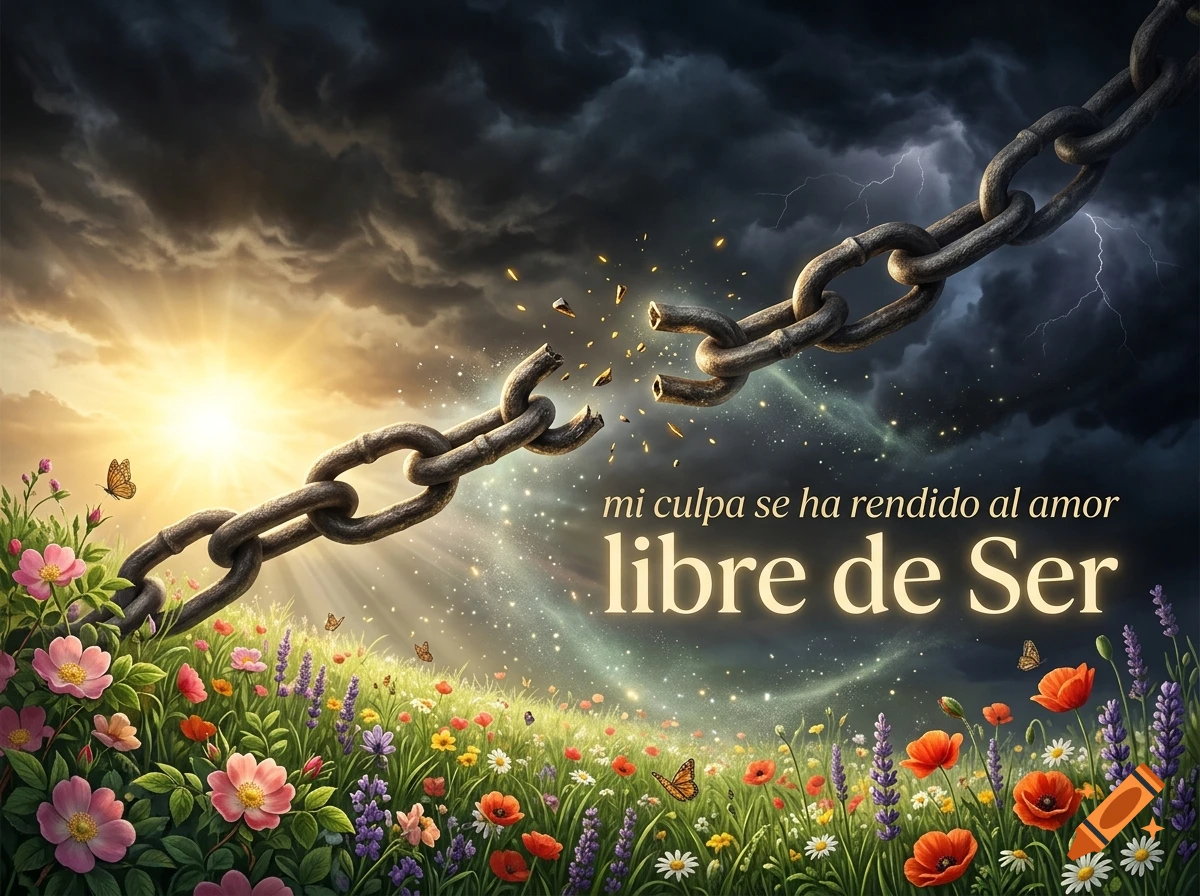 A broken metal chain floating over a vibrant meadow of flowers on one side and a dark stormy sky with sunlight on the other, featuring Spanish text.