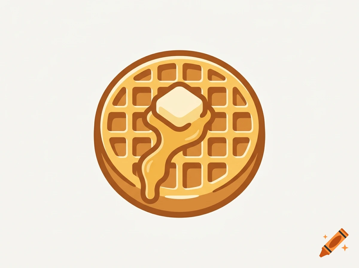 Vector illustration of a golden waffle topped with melting butter and syrup on a light background.