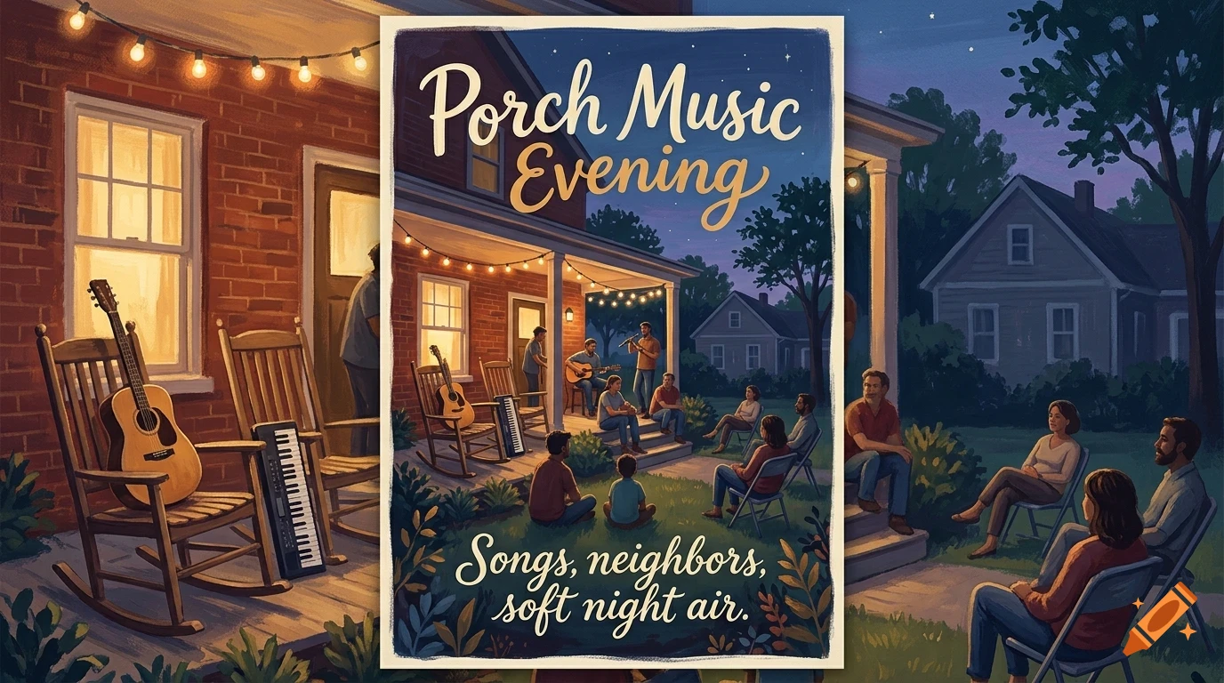 An illustrated poster depicting an evening gathering of neighbors on a porch, with people socializing, playing instruments, and string lights.