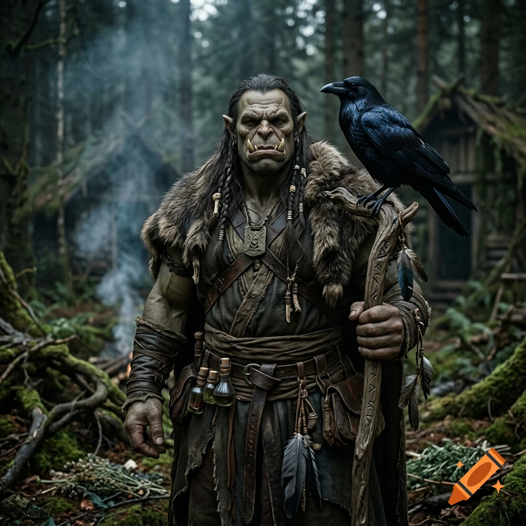 A photorealistic male orc witch with green skin and dark hair standing in a forest, holding a staff with a black raven perched on it.