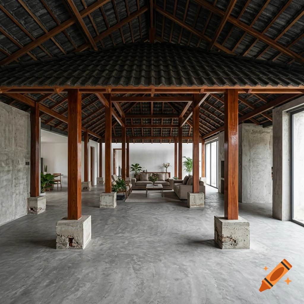 Photorealistic interior view of a spacious traditional-modern building with a exposed wooden truss roof, concrete pillars, and a living area in the background.