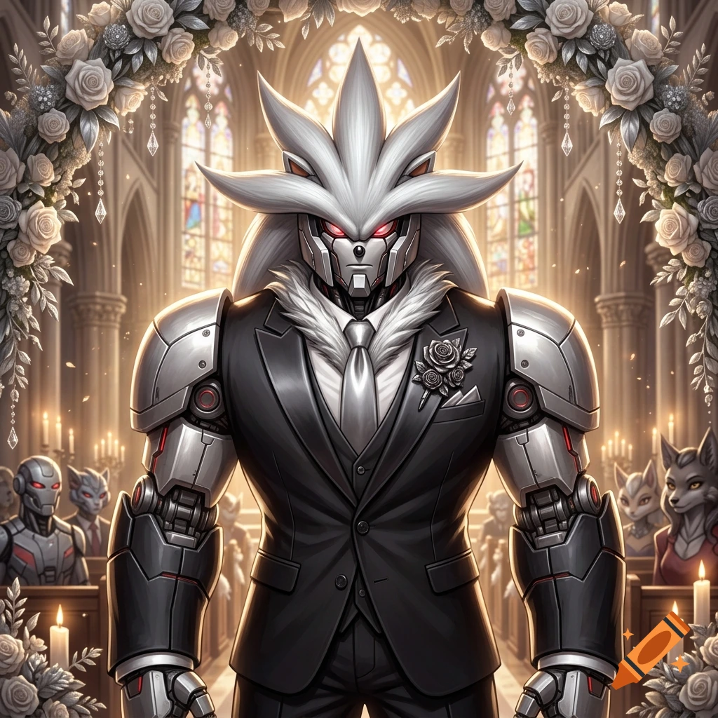 Digital art of Megatron disguised as Silver the Hedgehog, dressed as a groom at a wedding in a church.