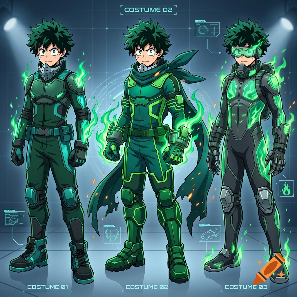Character design sheet showing three variations of a green-haired anime hero in high-tech glowing suits with green fire effects.