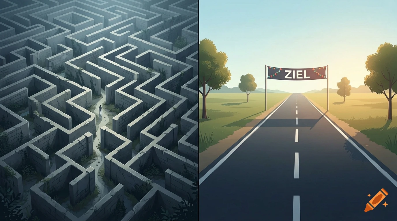 Split view comparing a complex, overgrown stone maze on the left with a clear, straight paved road leading to a finish banner on the right.
