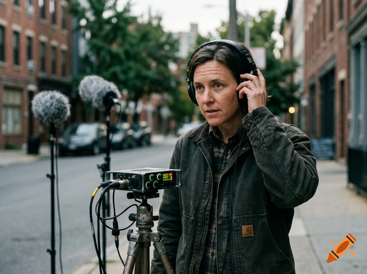 A person wearing headphones and a jacket stands on a city street next to audio recording equipment on a tripod.