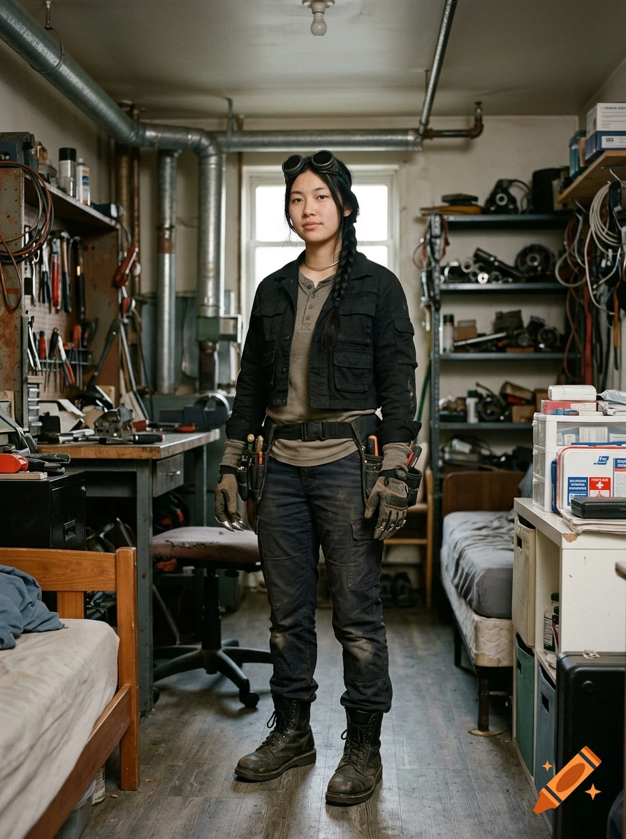 Photorealistic full-length portrait of a young female mechanic in a cluttered workshop holding clawed gloves.
