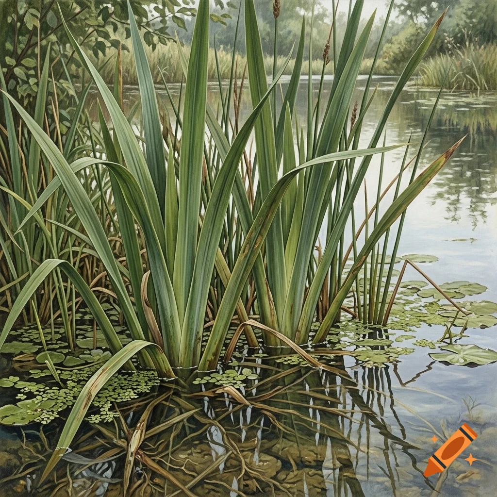 Tall green reeds and aquatic plants growing by the edge of a calm lake.