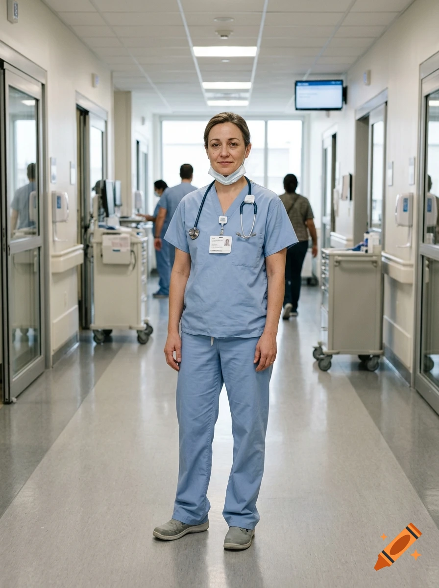 A female nurse wearing blue scrubs and a stethoscope standing in a hospital hallway.