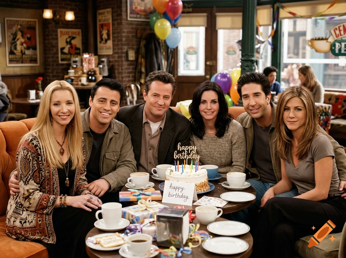 Cast of the television show Friends sitting on a couch in a coffee shop with a birthday cake.