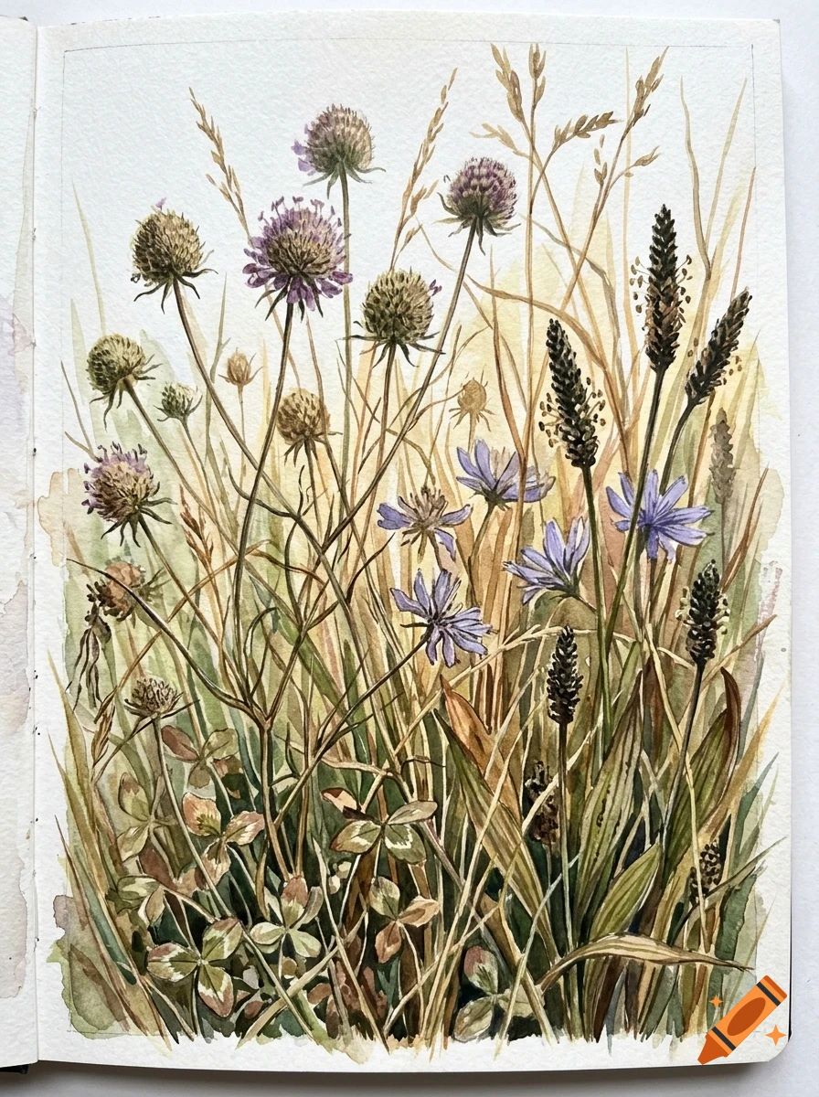 A watercolor painting of wild flowers, grasses, and seed heads in earthy tones.