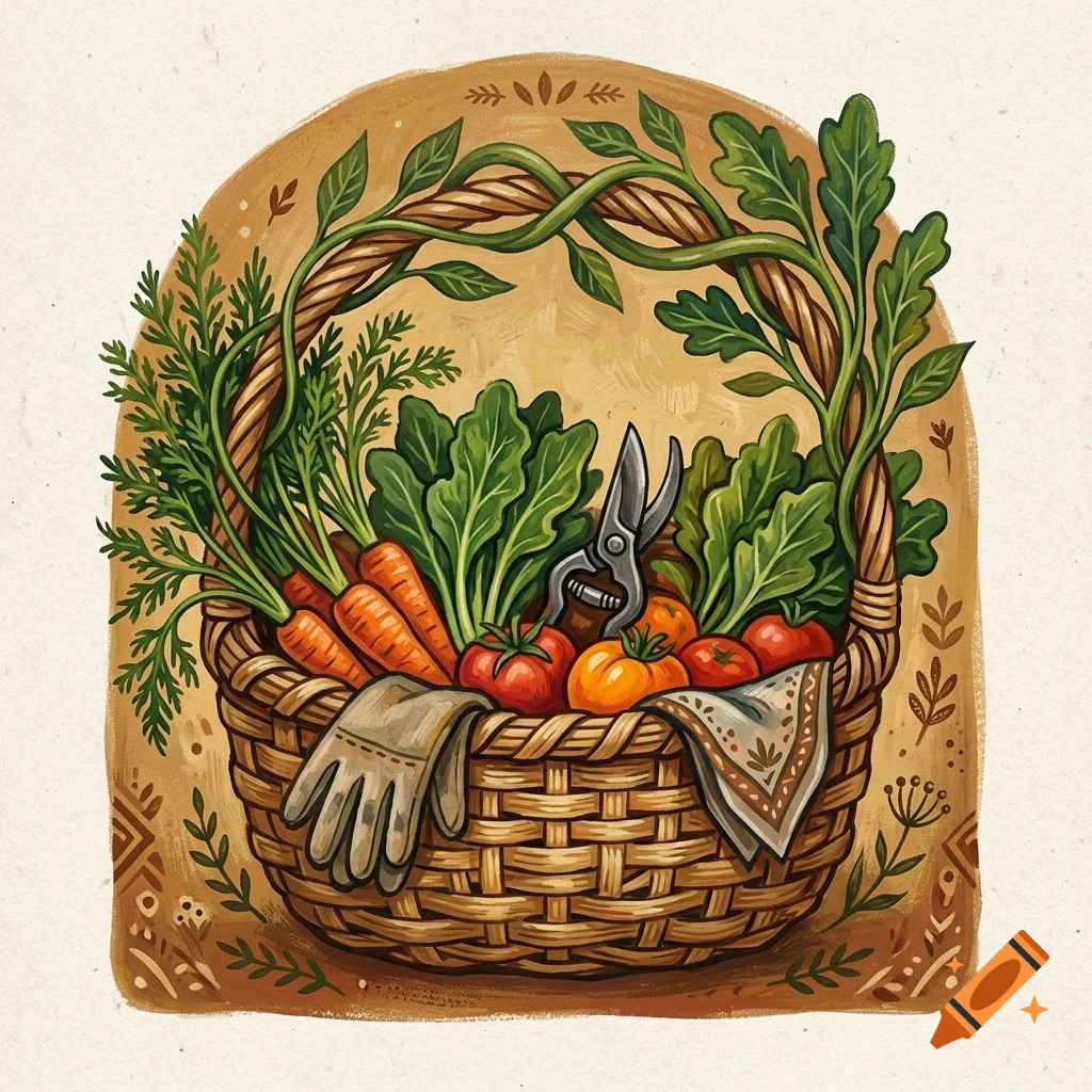 An illustrated woven basket filled with freshly harvested vegetables including carrots, leafy greens, and tomatoes, accompanied by gardening shears and gloves.