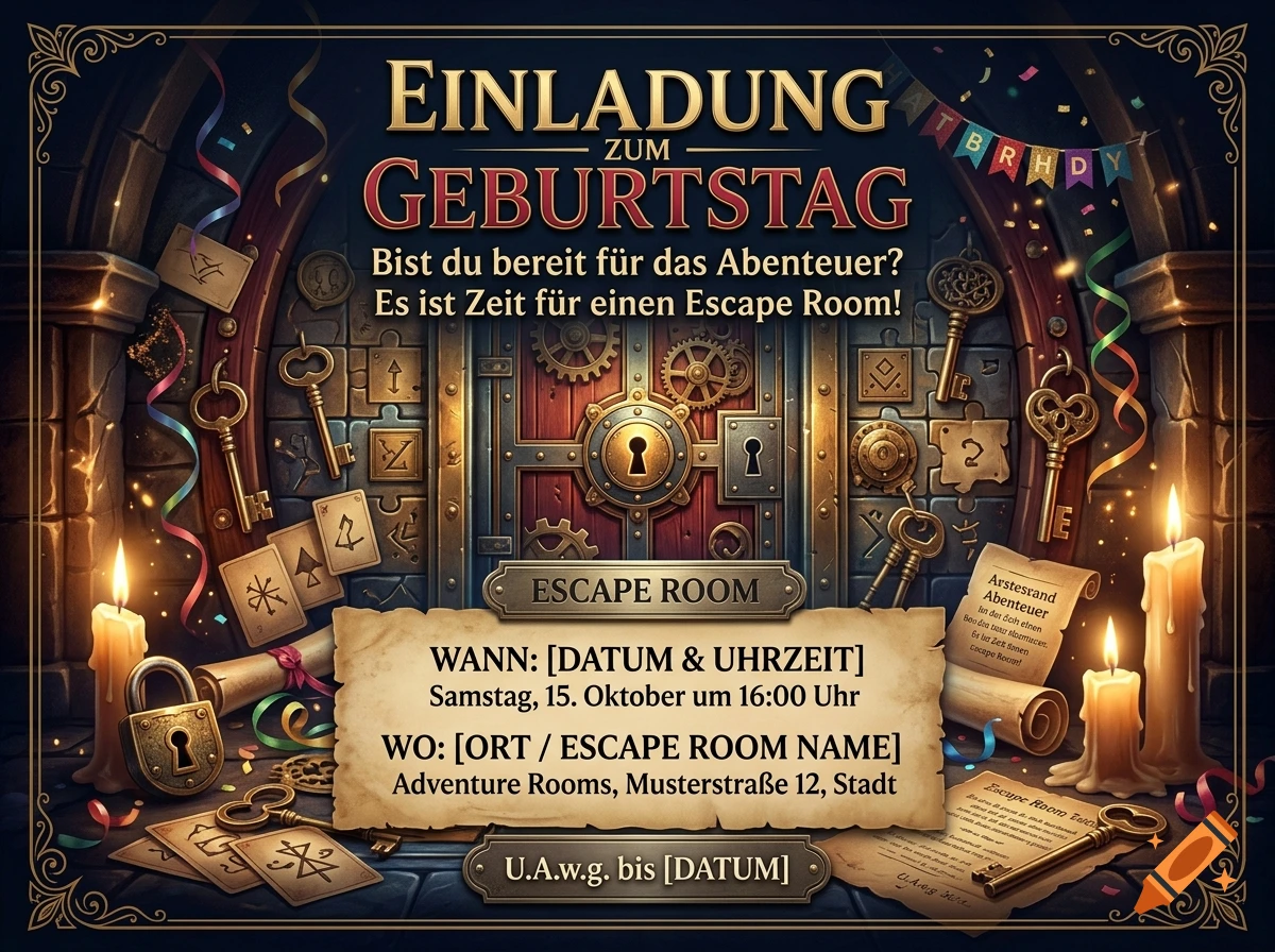 Birthday party invitation for an escape room with medieval dungeon doors, keys, and candles, digital design.